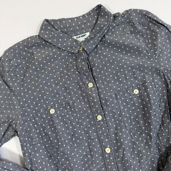 Old Navy Womens Blue Polka Dot Cotton Button Down Shirt Size Medium Long Sleeve - Picture 2 of 9